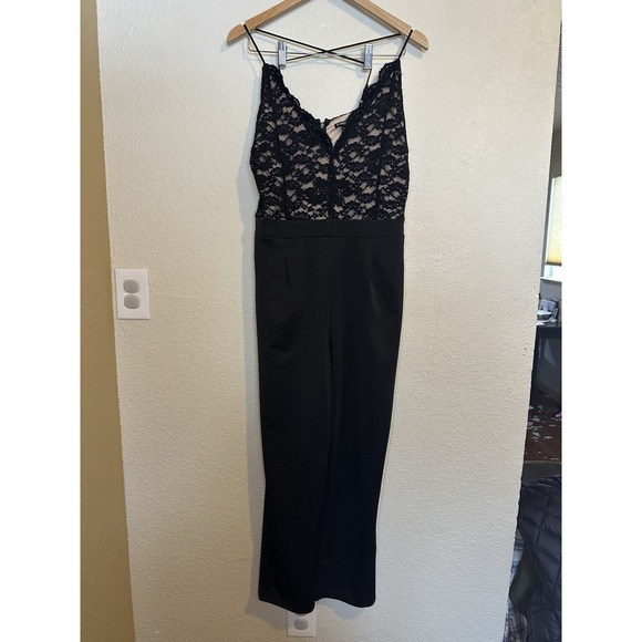 Express Womens Large Jumpsuit Pants Black Cross Back Lace Holiday Cocktail New - Picture 2 of 9